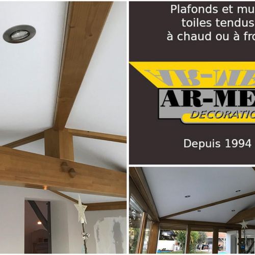 Plafond toile tendue avec spots led alu brossé, avec ferme et arêtiers apparents-85 Noirmoutier