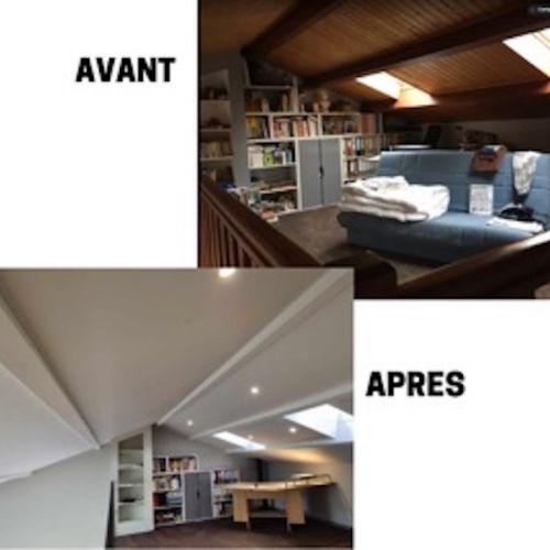 avant / après - plafond blanc sous rampant et entrepoutres avec spots